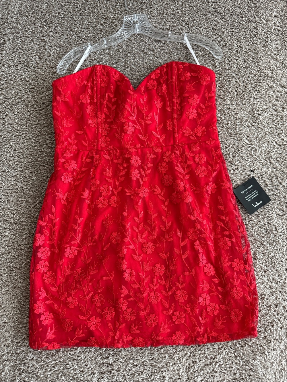 Lulu's Exquisite Sensation Red Floral Embroidered Strapless Mini Dress